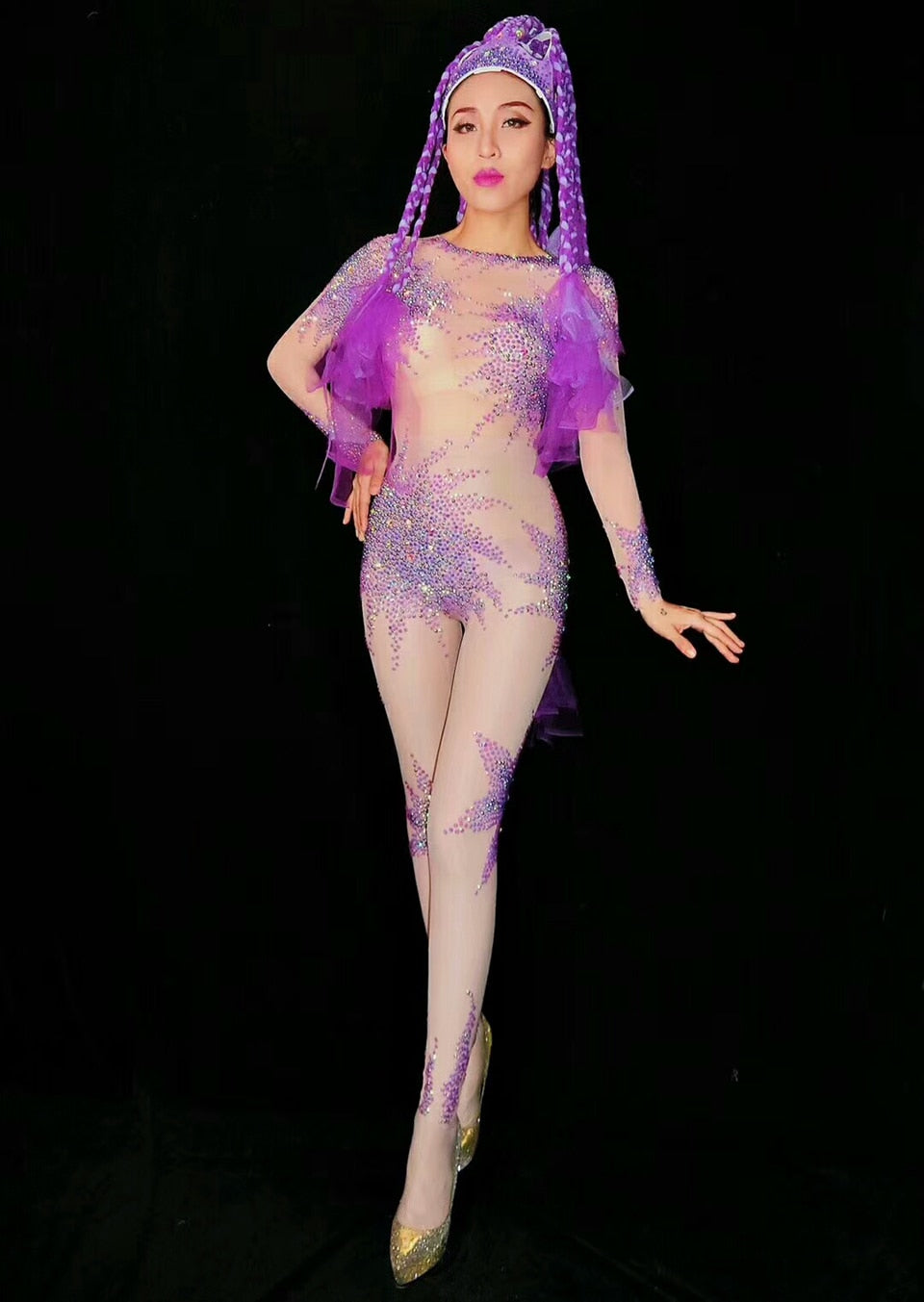 Women Stage Dance Wear Sexy Mesh Perspective Bodysuit Purple Colorful Rhinestones Jumpsuit Female Evening Celebrate Sexy Costume